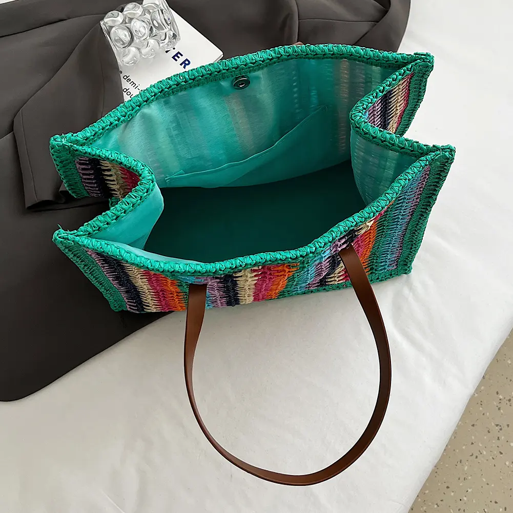Women Striped Woven Tote Hand-Woven Tote Bag Large Capacity Straw Woven Handbag Handwoven Straw Bag Summer Beach Bag