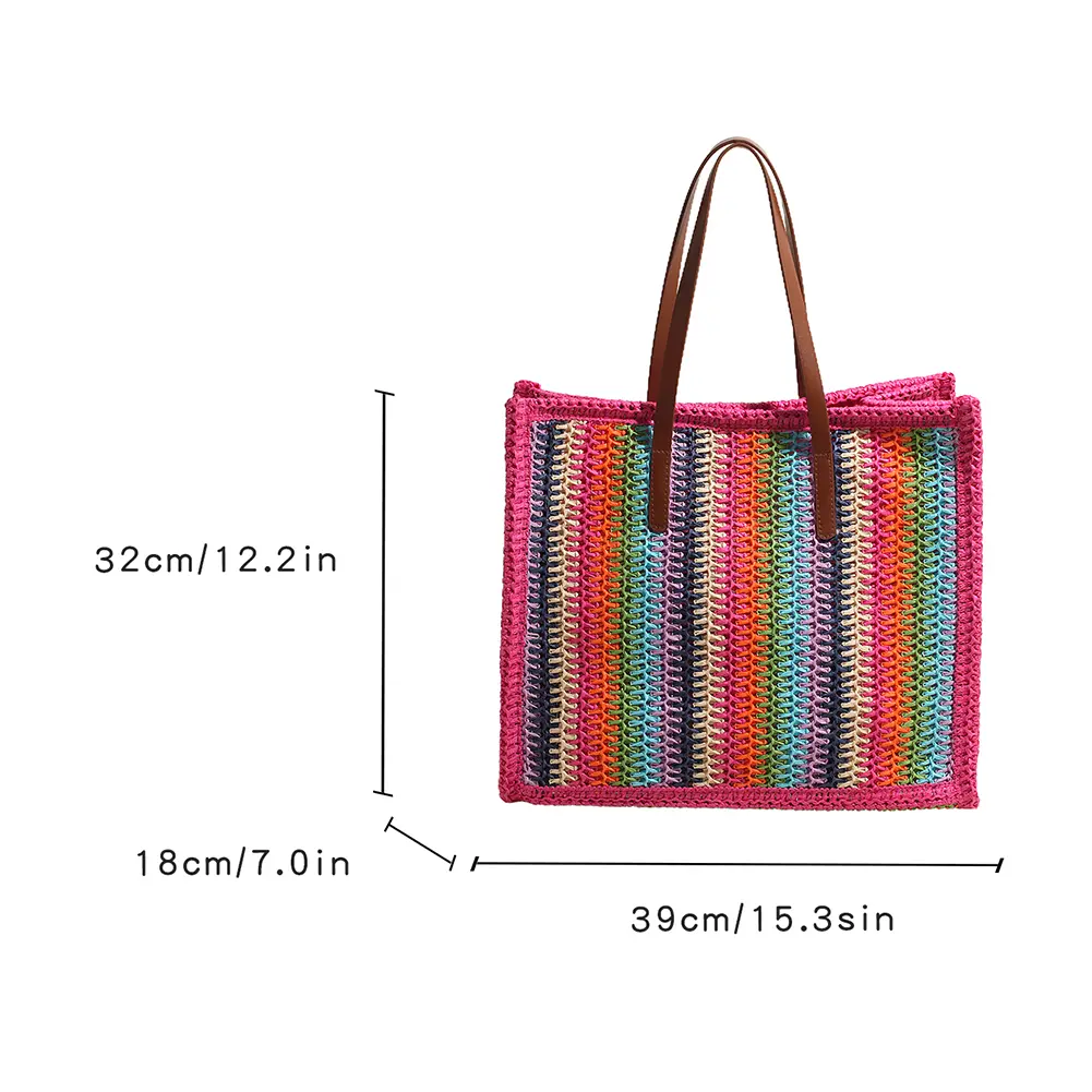 Women Striped Woven Tote Hand-Woven Tote Bag Large Capacity Straw Woven Handbag Handwoven Straw Bag Summer Beach Bag
