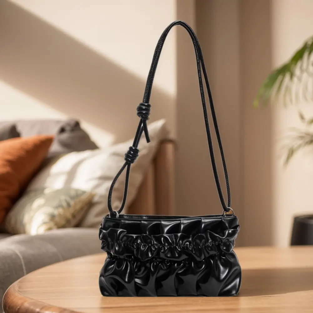 Women Shoulder Bag Adjustable Strap Square Bag Pleated PU Leather Satchel Purse Solid Color Hobo Bag for Commuting Travel
