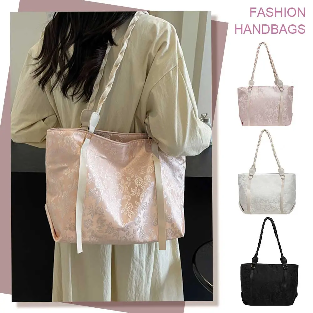 Women Floral Shoulder Bag Large Capacity Flower Pattern Tote Bag Solid Color Casual Top Handle Bag Daily Bag for Female