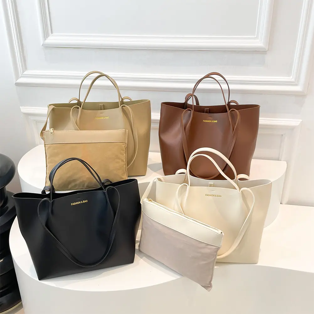 Women PU Shoulder Bag Stylish Single Shoulder Bag Large Capacity Minimalist Handbags with Pouch Slouchy Tote Bag Simple Work Bag