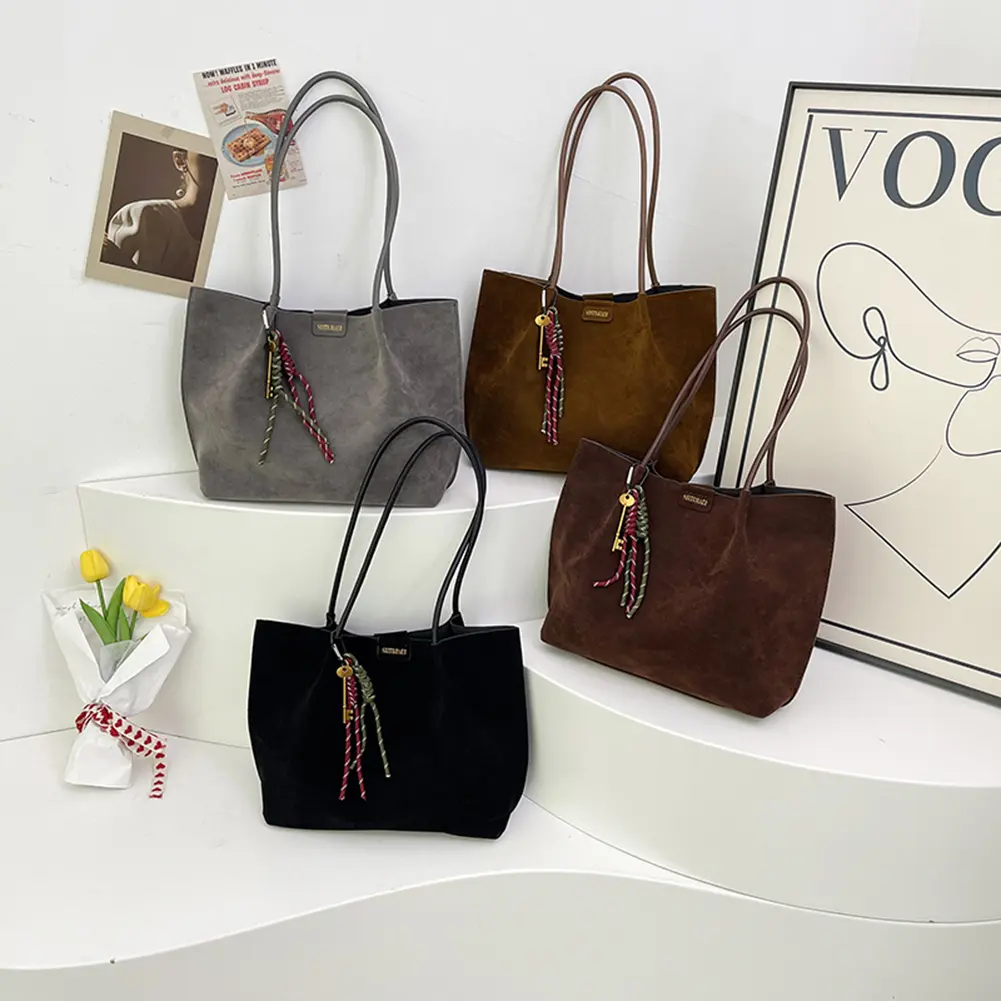 Women Vintage Tote Bag Large Capacity Suede Slouchy Tote Handbag Retro Top-Handle Bag Female Commute Bag