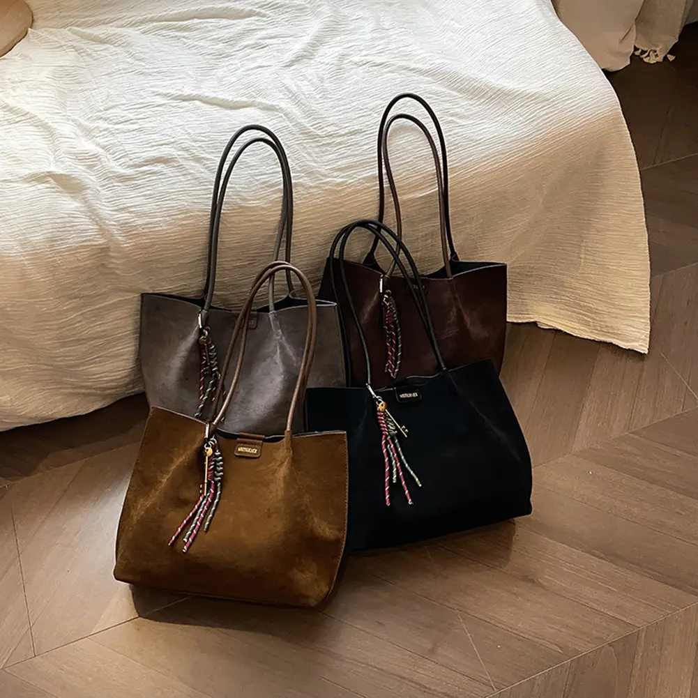 Women Vintage Tote Bag Large Capacity Suede Slouchy Tote Handbag Retro Top-Handle Bag Female Commute Bag