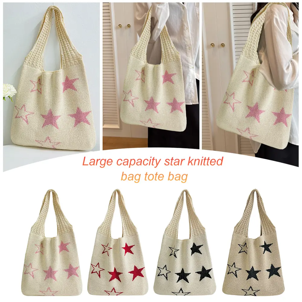 Star Crochet Tote Bag Mesh Knitted Bag Shoulder Bag Aesthetic Knit Bag for Women Work Shopping Travel