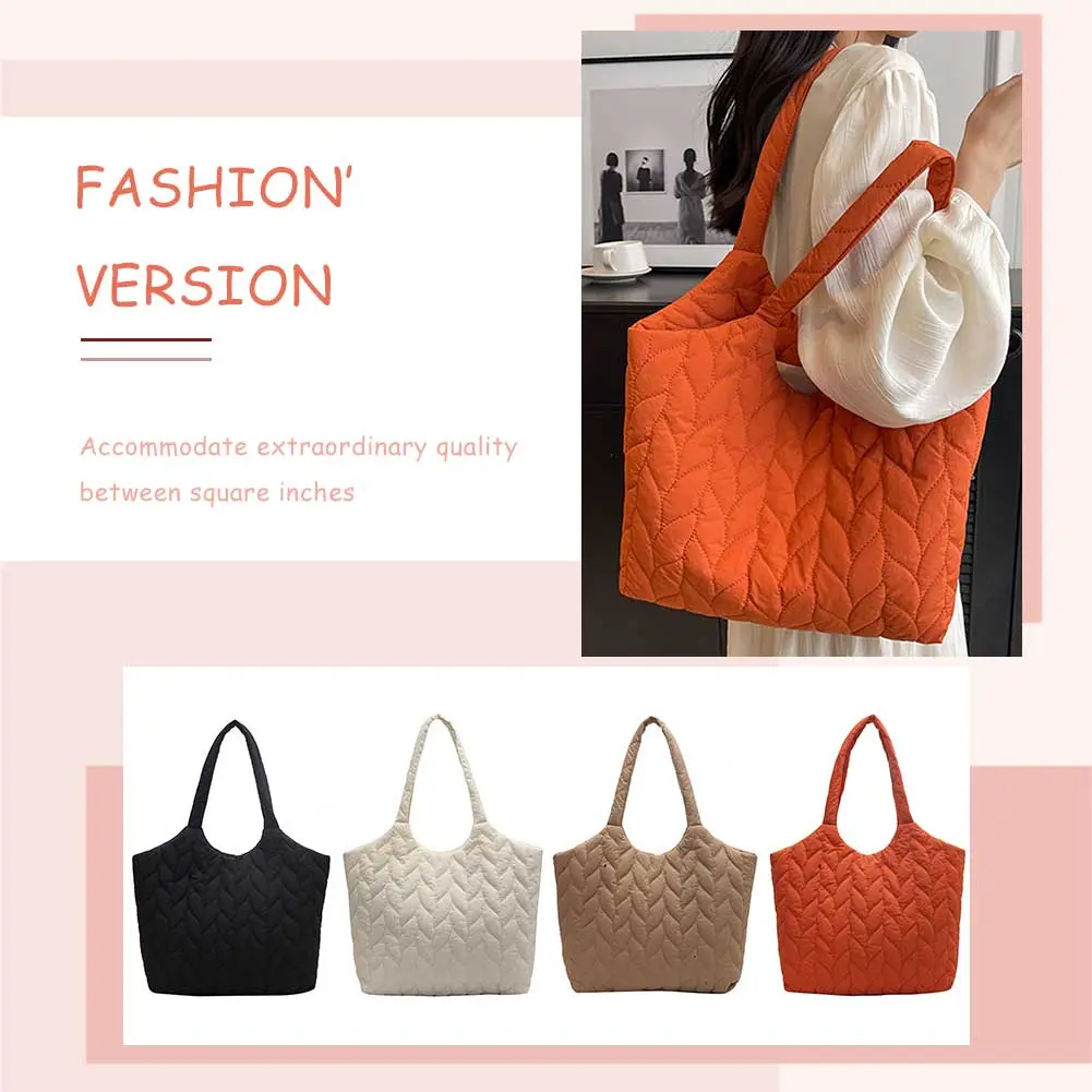Quilted Female Tote Embroidery Thread Underarm Bag Large Capacity Fashion Nylon Elegant Soft Cotton-Padded for Weekend Vacation