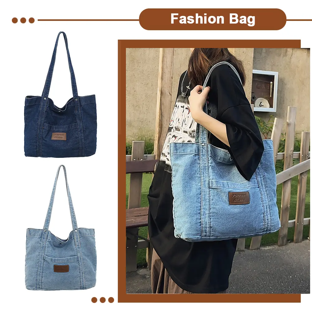 Women Retro Tote Bag Large Capacity Denim Versatile Shopping Bag Solid Color for Travel Work School