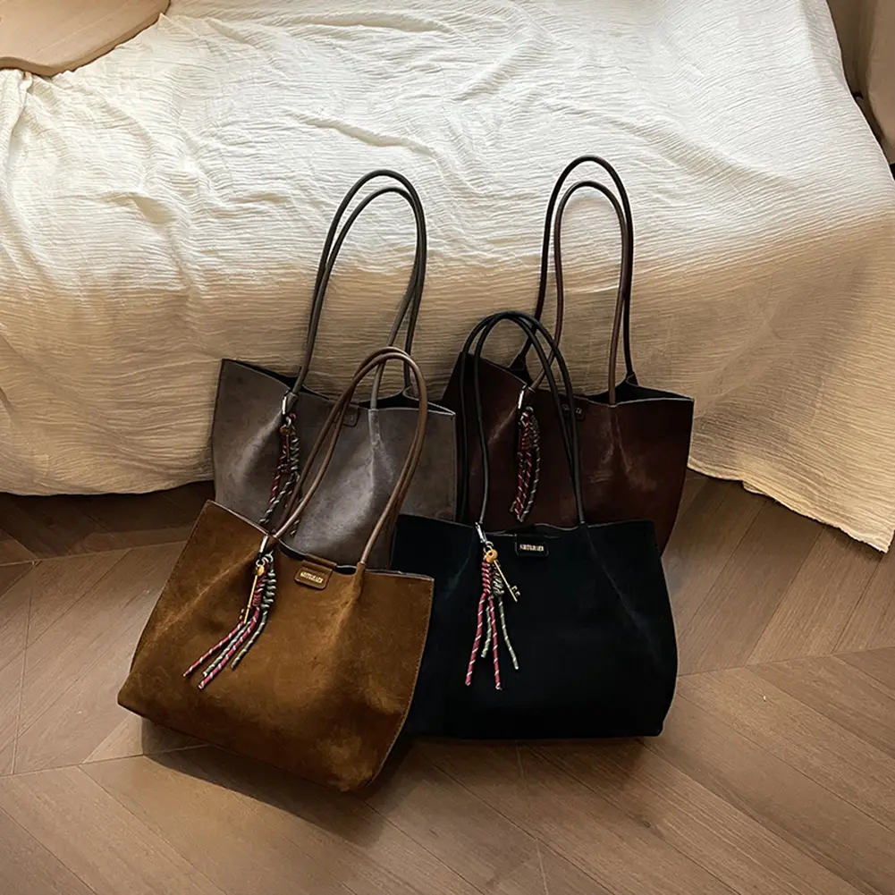 Women Vintage Tote Bag Large Capacity Suede Slouchy Tote Handbag Retro Top-Handle Bag Female Commute Bag