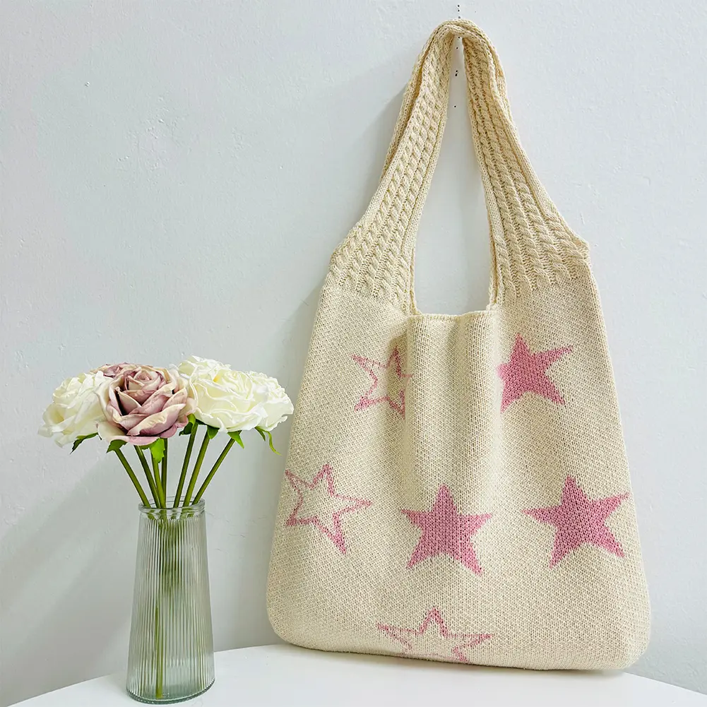 Star Crochet Tote Bag Mesh Knitted Bag Shoulder Bag Aesthetic Knit Bag for Women Work Shopping Travel