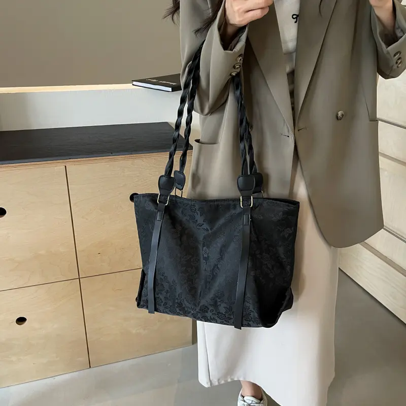 Women Floral Shoulder Bag Large Capacity Flower Pattern Tote Bag Solid Color Casual Top Handle Bag Daily Bag for Female