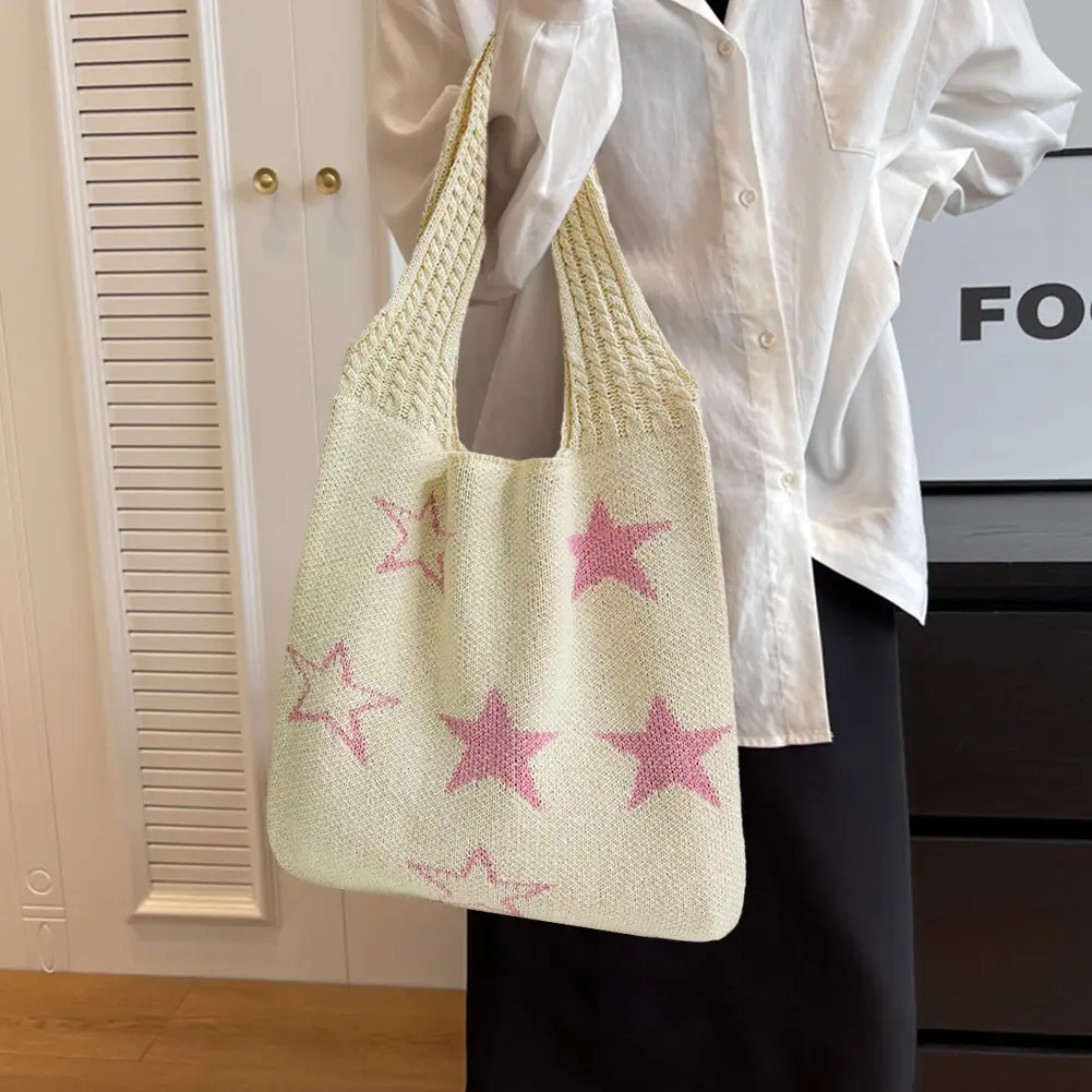 Star Crochet Tote Bag Mesh Knitted Bag Shoulder Bag Aesthetic Knit Bag for Women Work Shopping Travel