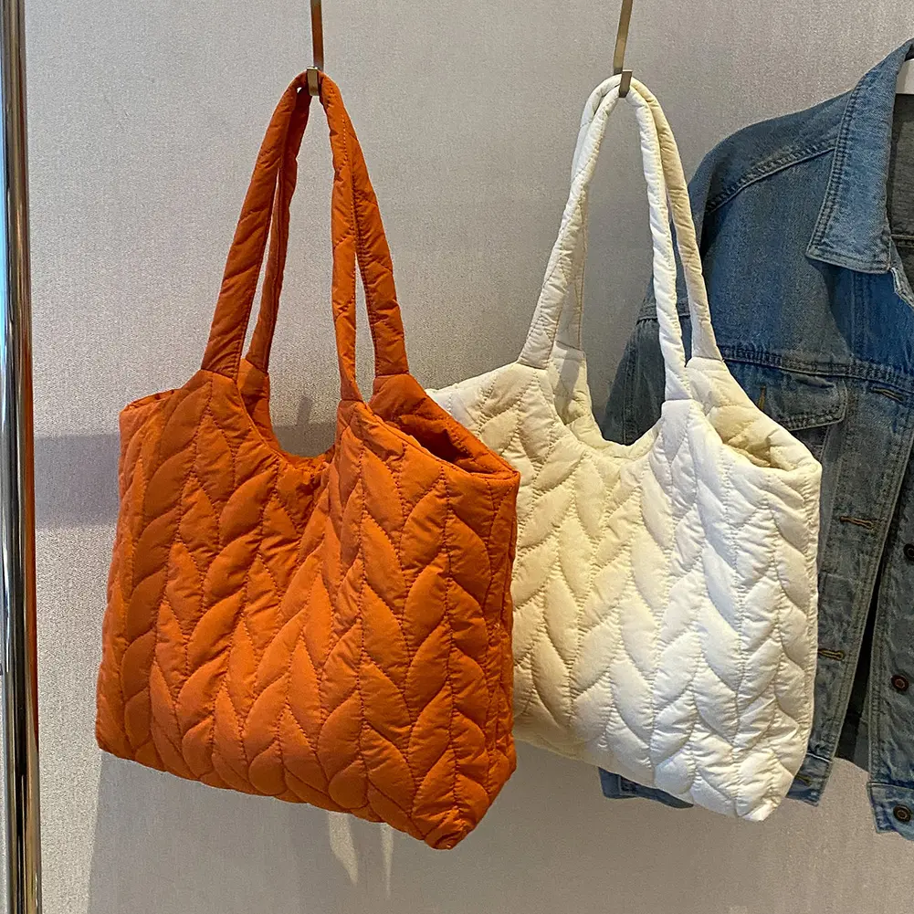 Quilted Female Tote Embroidery Thread Underarm Bag Large Capacity Fashion Nylon Elegant Soft Cotton-Padded for Weekend Vacation