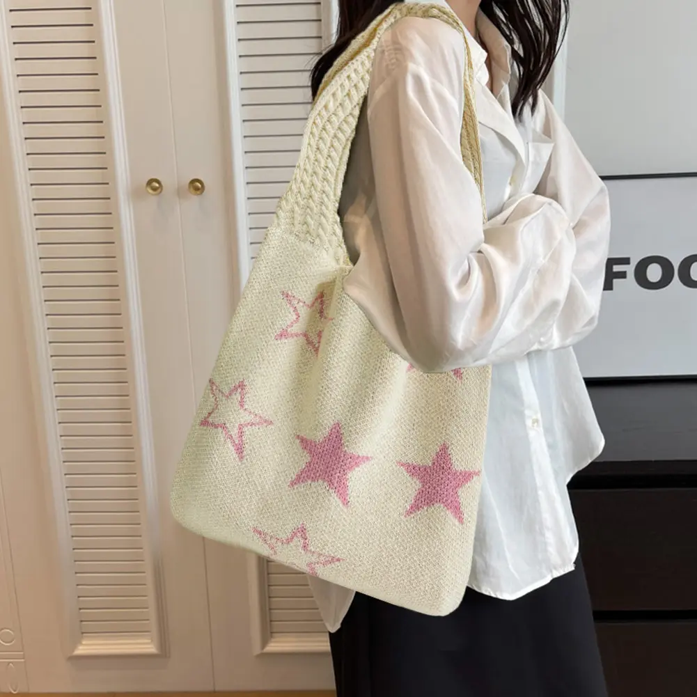 Star Crochet Tote Bag Mesh Knitted Bag Shoulder Bag Aesthetic Knit Bag for Women Work Shopping Travel
