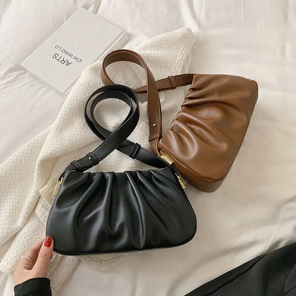 Women PU Stylish Crossbody Bag Adjustable Strap Cloud Messenger Bag Ruched Clutch Purse Pleated Handbag Outdoor Travel Bag