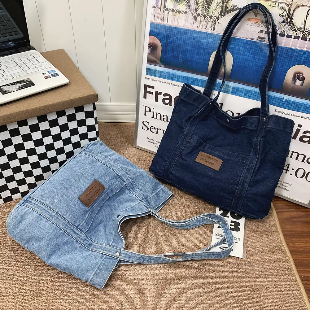 Women Retro Tote Bag Large Capacity Denim Versatile Shopping Bag Solid Color for Travel Work School