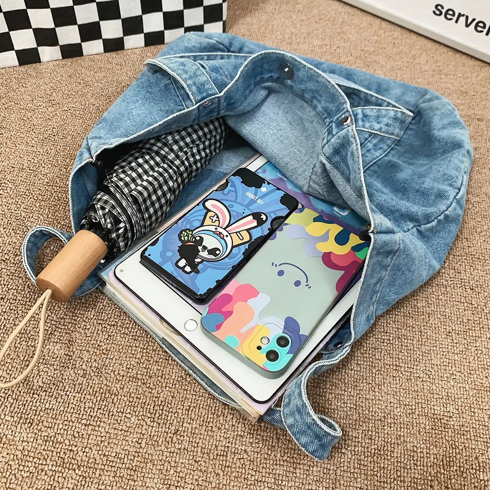 Women Retro Tote Bag Large Capacity Denim Versatile Shopping Bag Solid Color for Travel Work School