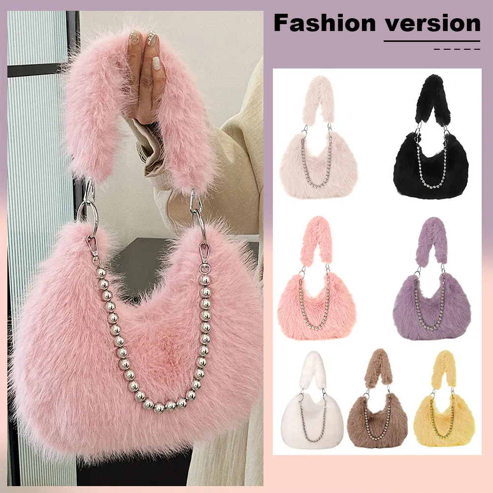 Women Plush Crossbody Bag with Chain Underarm Bag Handbag Fluffy Hobo Bag for Travel Party
