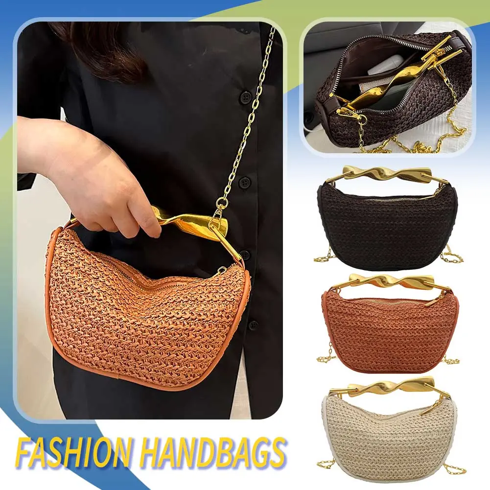 Women Handwoven Shoulder Bag Knitting Sling Bag with Metal Handle Zipper Handbags Straw Crossbody Bags Seaside Beach Commute Bag