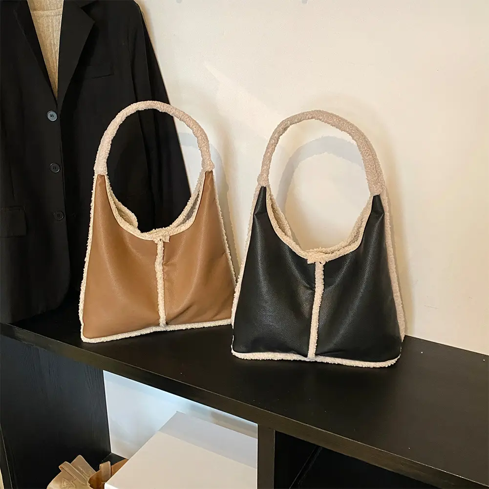 Slouchy Hobo Bag for Women Magnetic Closure Underarm Bag PU Leather Fluffy Furry Handbag Large Capacity Tote Bag for Work Travel