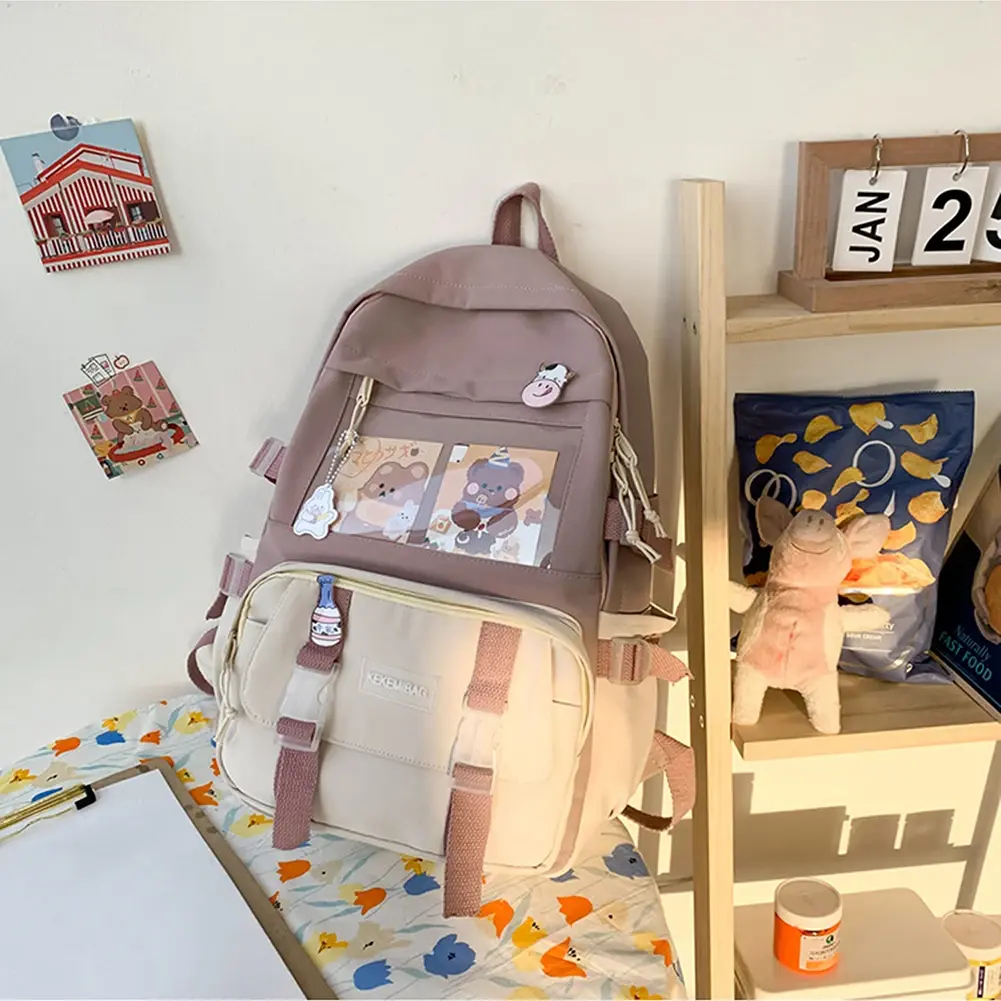 Students Preppy Style Contrast Color Backpack Women Canvas Knapsack with Pendant