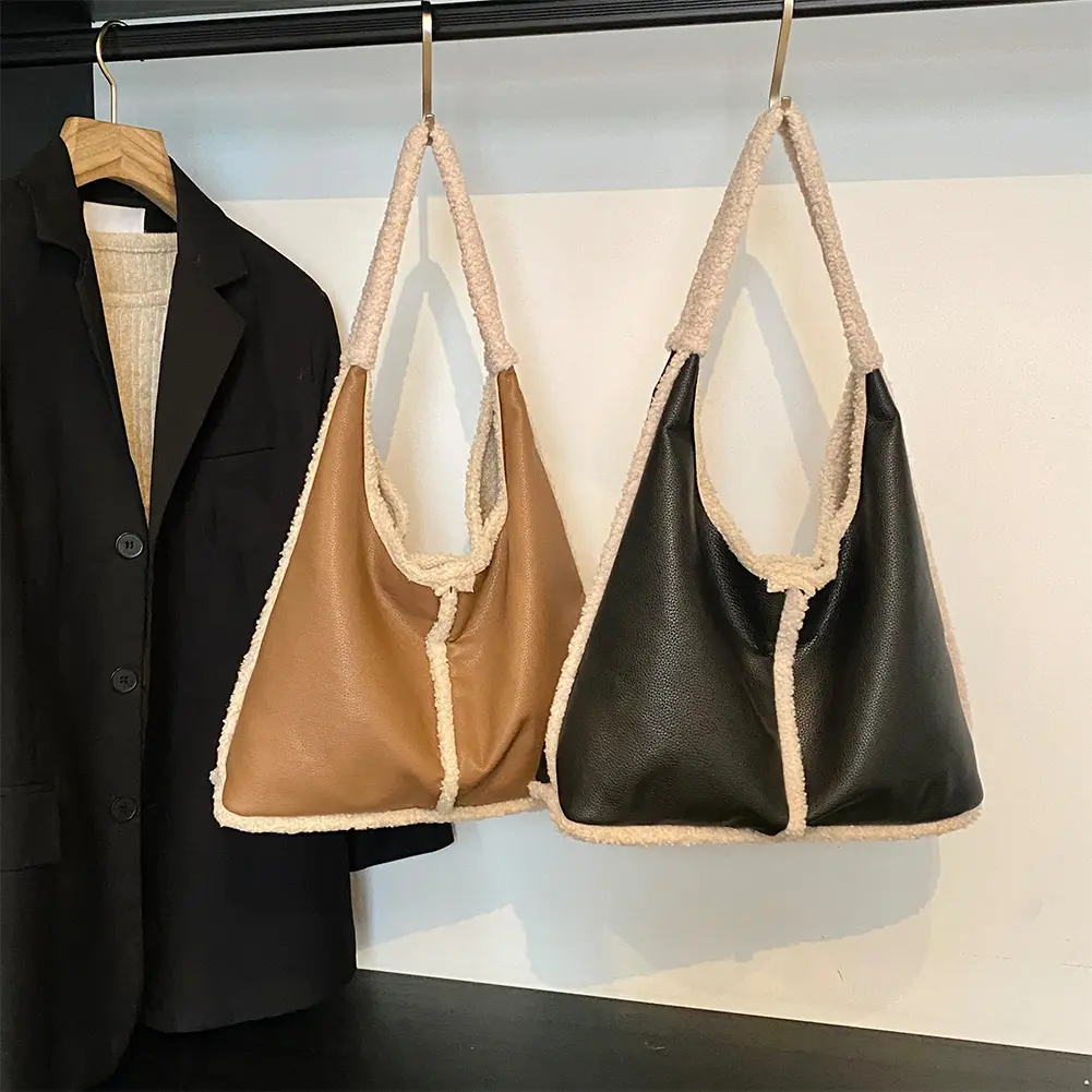Slouchy Hobo Bag for Women Magnetic Closure Underarm Bag PU Leather Fluffy Furry Handbag Large Capacity Tote Bag for Work Travel