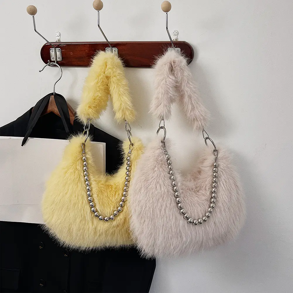 Women Plush Crossbody Bag with Chain Underarm Bag Handbag Fluffy Hobo Bag for Travel Party