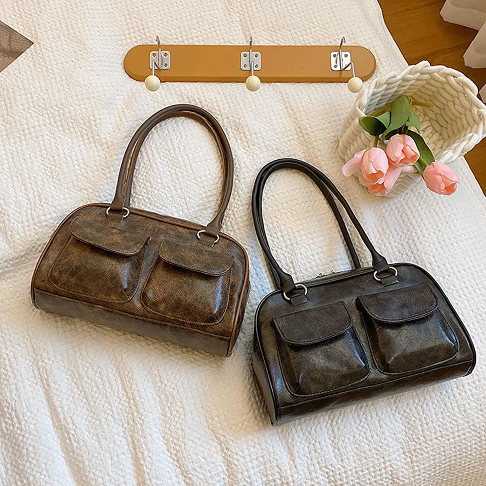 Women Fashion Armpit Bag Double Pocket PU Stylish Underarm Bags Solid Color Simple Commuting Bag Large Capacity Retro Handbag