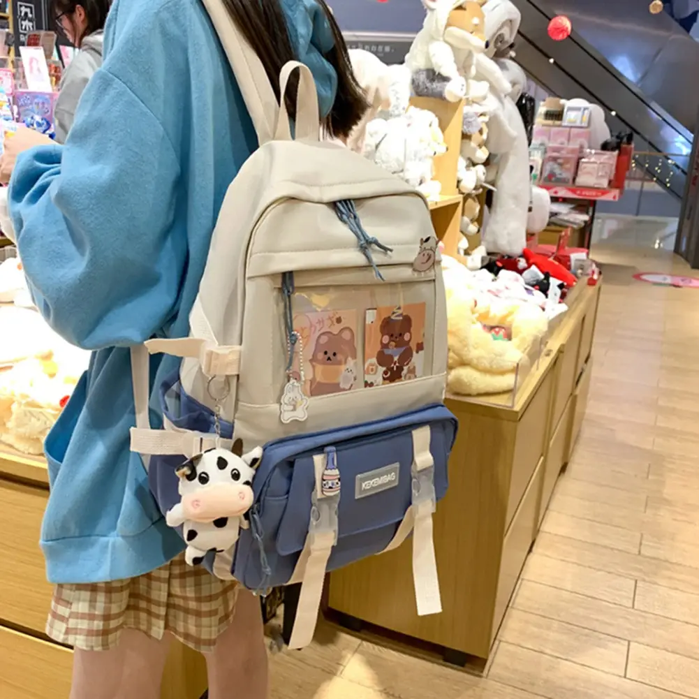 Students Preppy Style Contrast Color Backpack Women Canvas Knapsack with Pendant