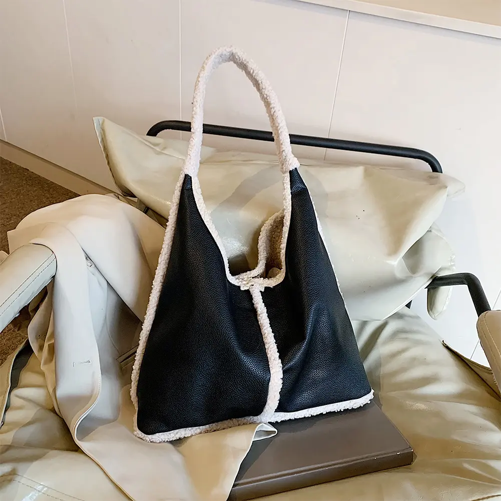 Slouchy Hobo Bag for Women Magnetic Closure Underarm Bag PU Leather Fluffy Furry Handbag Large Capacity Tote Bag for Work Travel