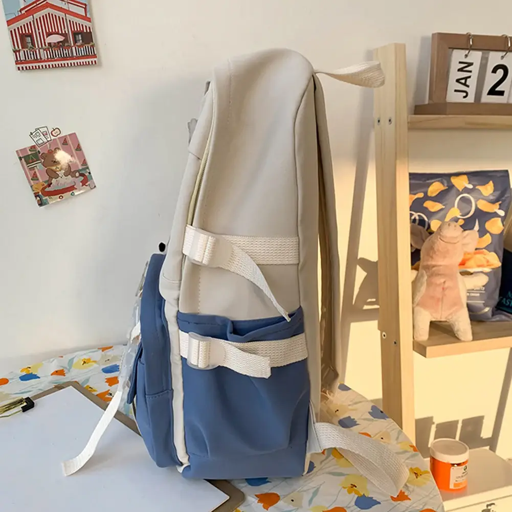 Students Preppy Style Contrast Color Backpack Women Canvas Knapsack with Pendant