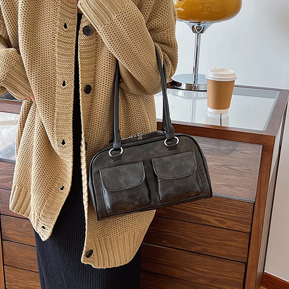 Women Fashion Armpit Bag Double Pocket PU Stylish Underarm Bags Solid Color Simple Commuting Bag Large Capacity Retro Handbag