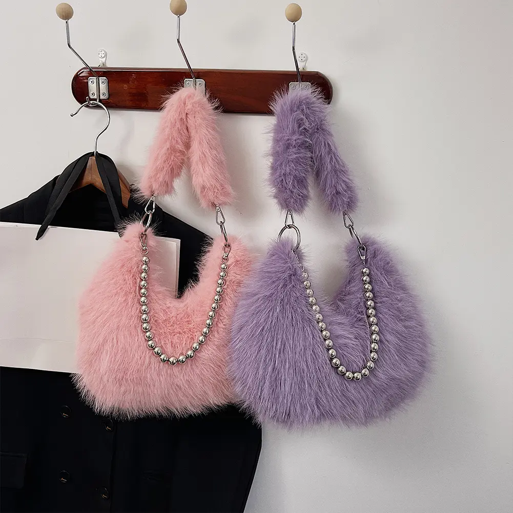 Women Plush Crossbody Bag with Chain Underarm Bag Handbag Fluffy Hobo Bag for Travel Party