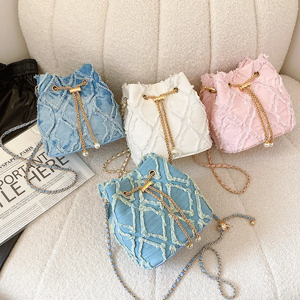 Denim Bucket Bag Diamond Pattern Women Crossbody Bag Drawstring Shoulder Bag Adjustable Strap Travel Bag