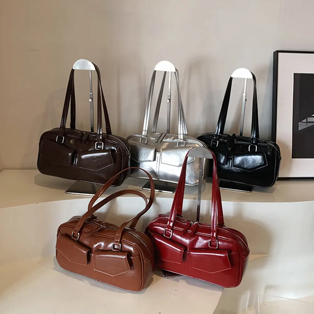 Women Small Shoulder Bags Fashion Trend Underarm Bag PU Leather Shoulder Underarm Bag Multi Pockets Solid Simple Commute Tote