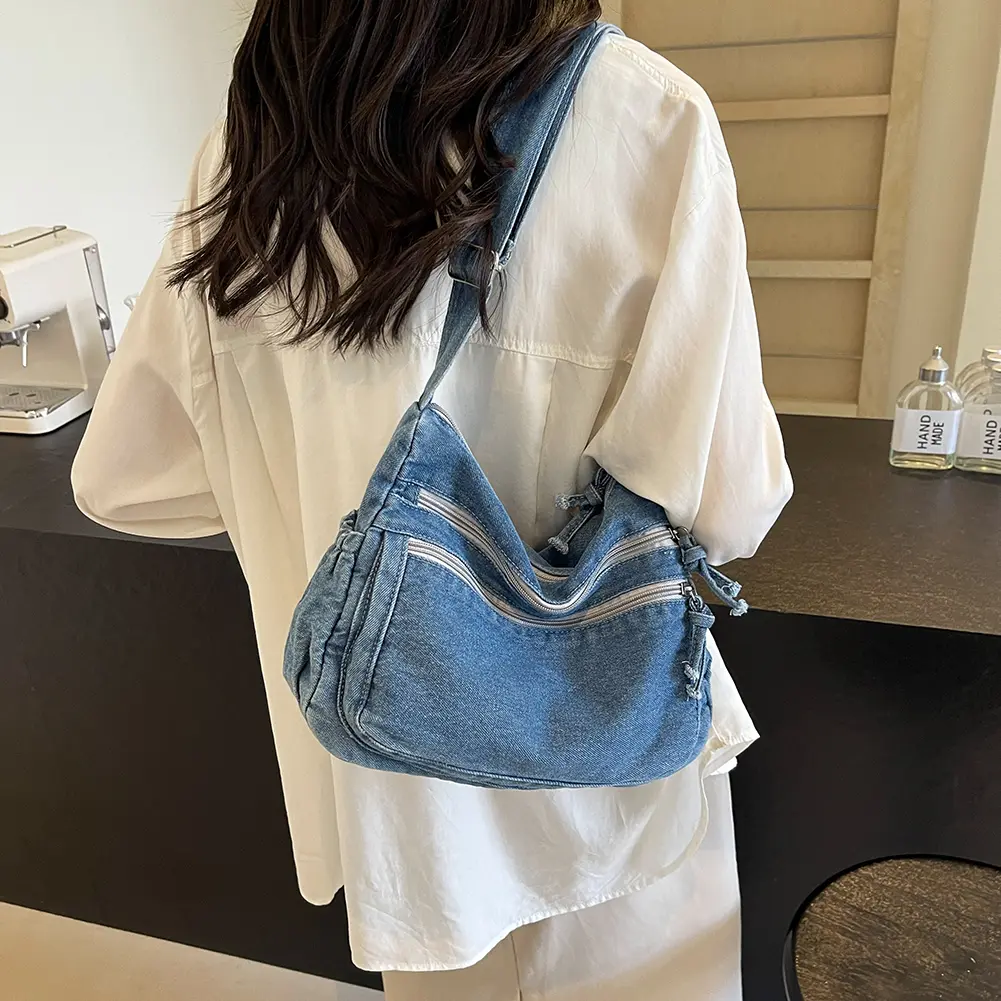 Denim Satchel Large Capacity Stylish Crossbody Bags Women's Fashion Shoulder Bag Adjustable Strap Messenger Bag Casual Sling Bag