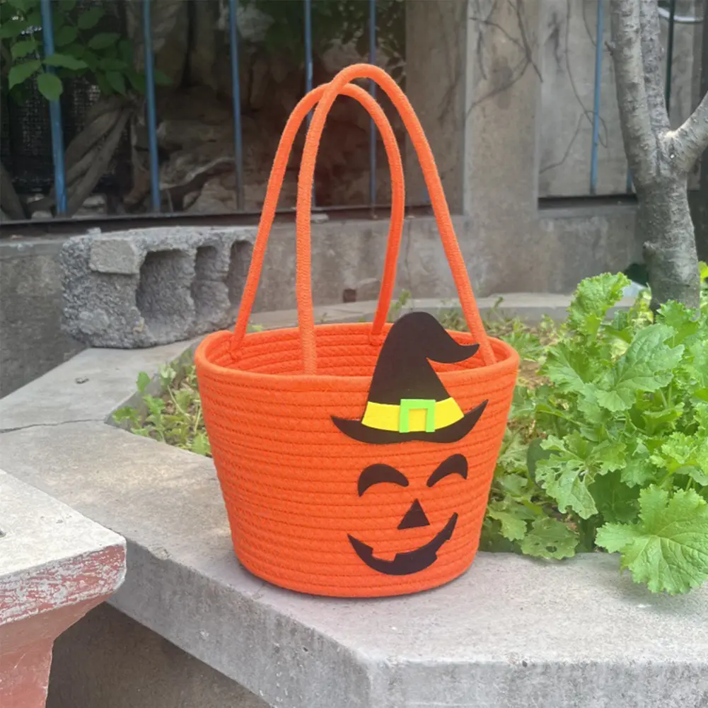 Halloween Pumpkin Bucket Bag with Witch Hat Pumpkin Tote Handbag Candy Storage Bucket for Trick Or Treating