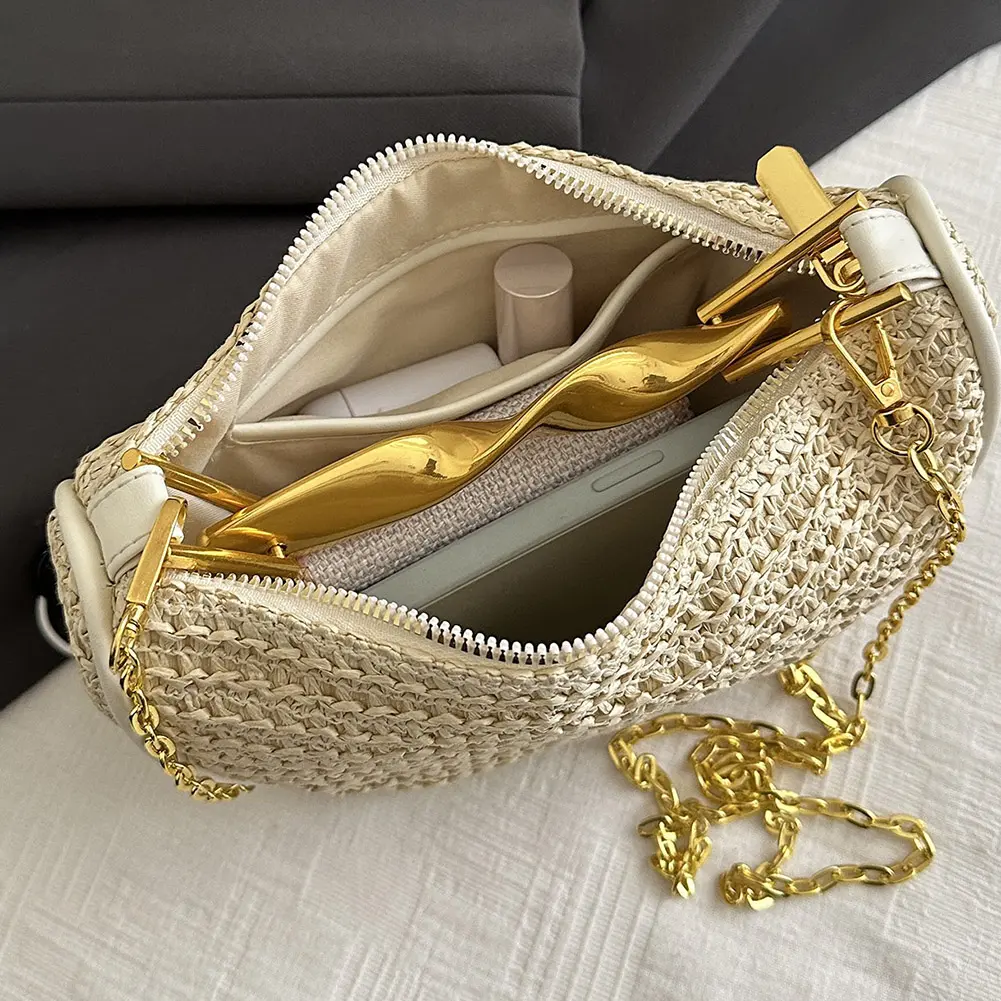Women Handwoven Shoulder Bag Knitting Sling Bag with Metal Handle Zipper Handbags Straw Crossbody Bags Seaside Beach Commute Bag