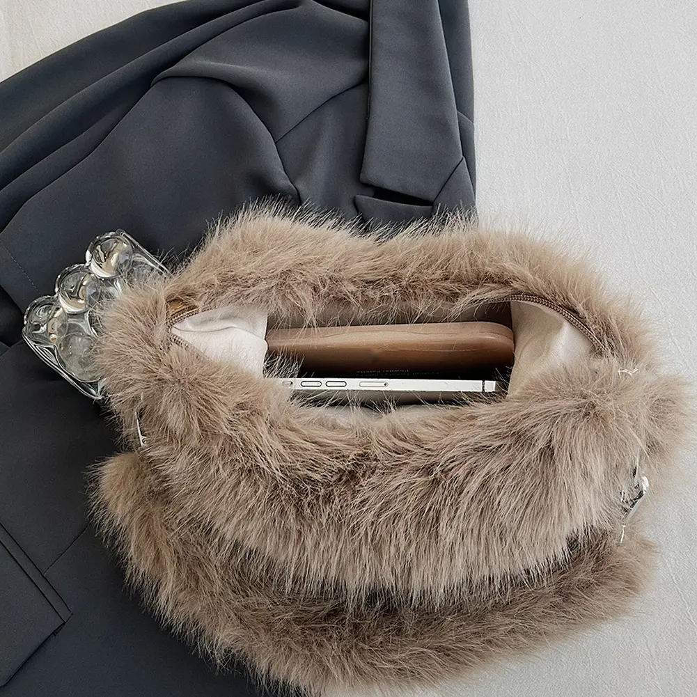 Women Plush Crossbody Bag with Chain Underarm Bag Handbag Fluffy Hobo Bag for Travel Party
