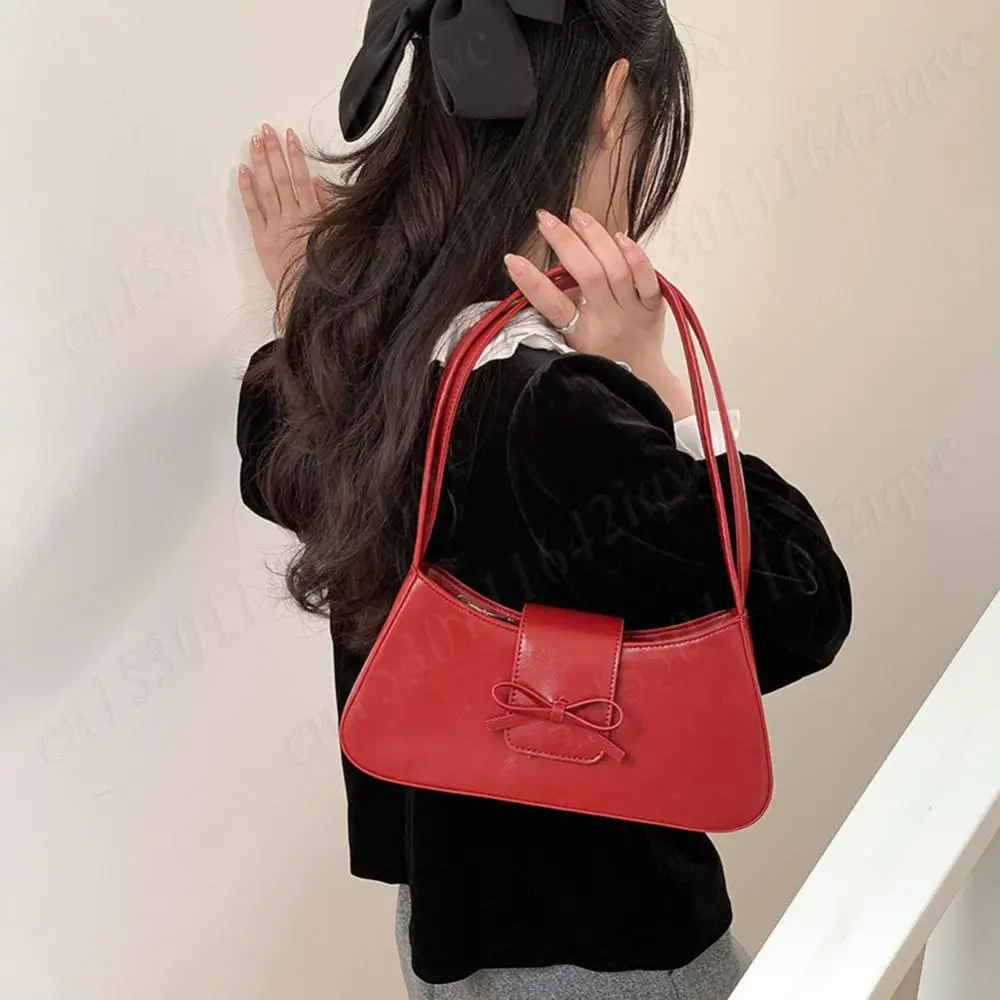Sweet Bow Shoulder Bag PU Leather Y2K Underarm Pouch Girls Retro Commute Top-Handle Bags Women Fashion Clutch Purse with Zipper