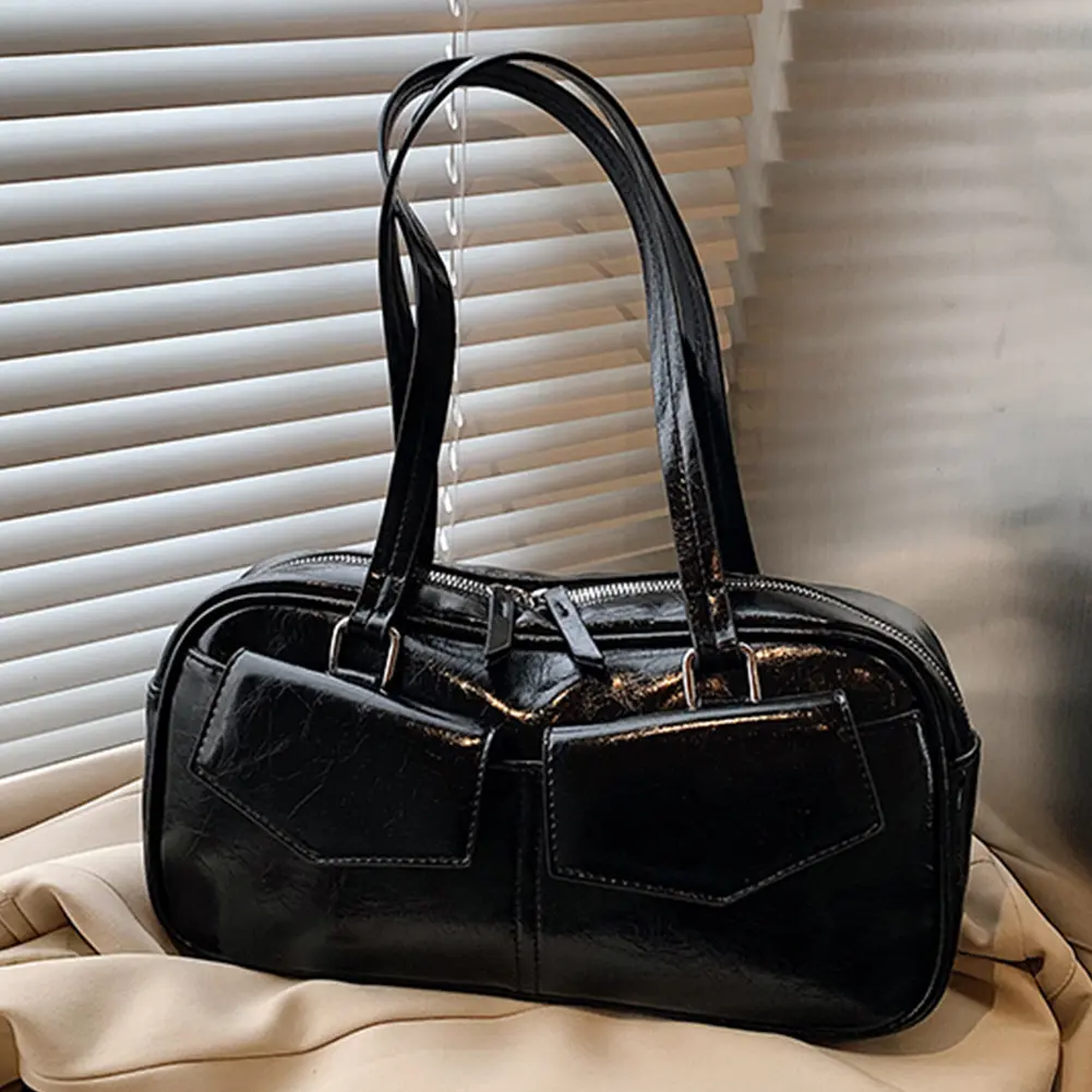 Women Small Shoulder Bags Fashion Trend Underarm Bag PU Leather Shoulder Underarm Bag Multi Pockets Solid Simple Commute Tote