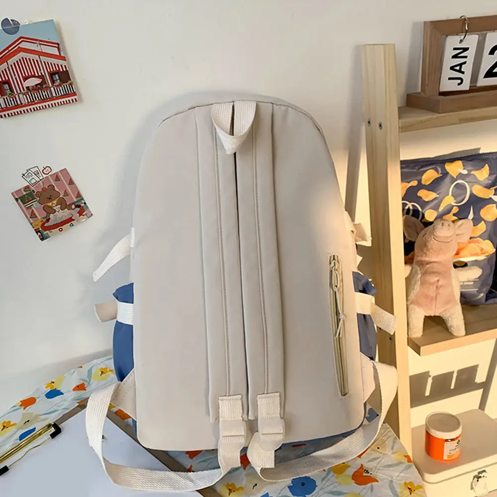 Students Preppy Style Contrast Color Backpack Women Canvas Knapsack with Pendant