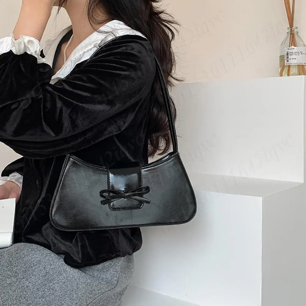 Sweet Bow Shoulder Bag PU Leather Y2K Underarm Pouch Girls Retro Commute Top-Handle Bags Women Fashion Clutch Purse with Zipper