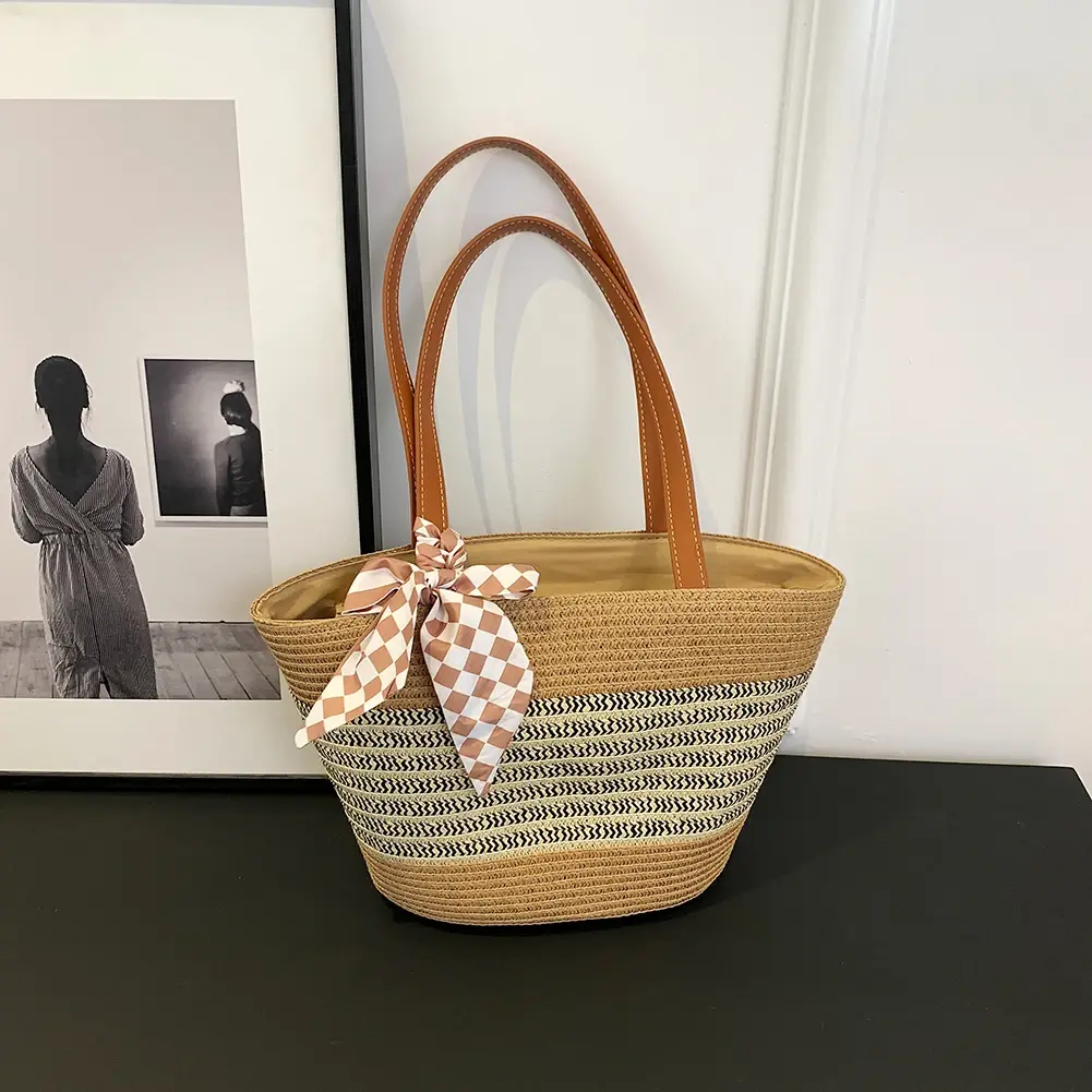 Women Straw Tote Handbag Large Capacity Crochet Beach Handbag Zipper Closure Weaving Striped Handbag Ladies Summer Daily Bag