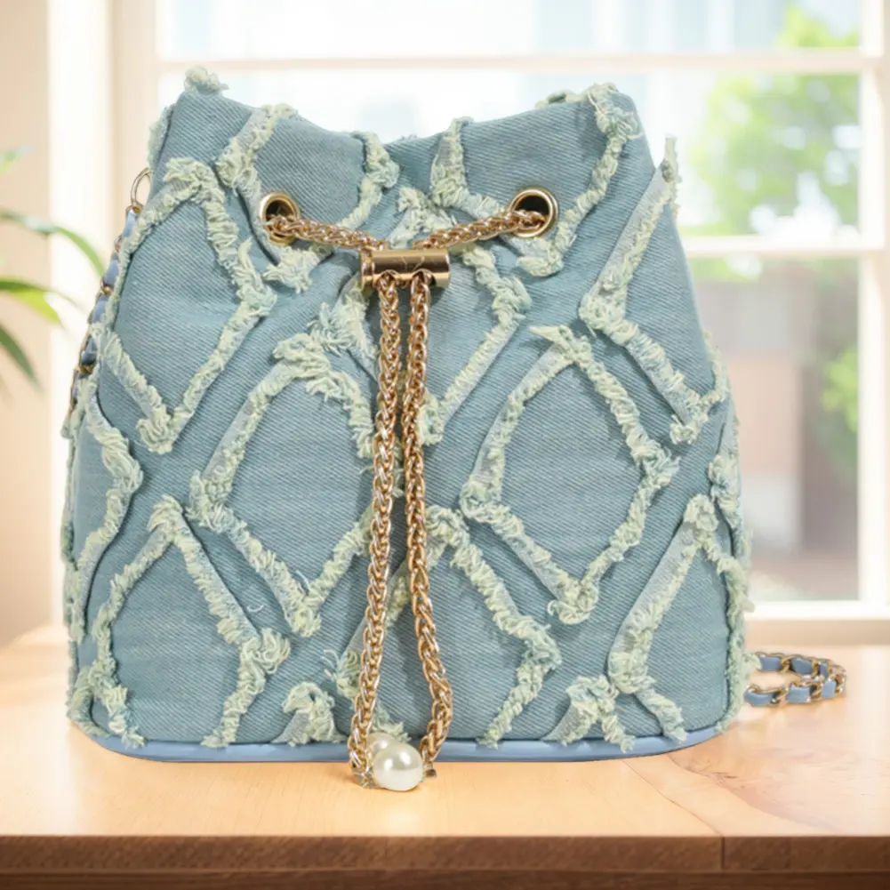 Denim Bucket Bag Diamond Pattern Women Crossbody Bag Drawstring Shoulder Bag Adjustable Strap Travel Bag