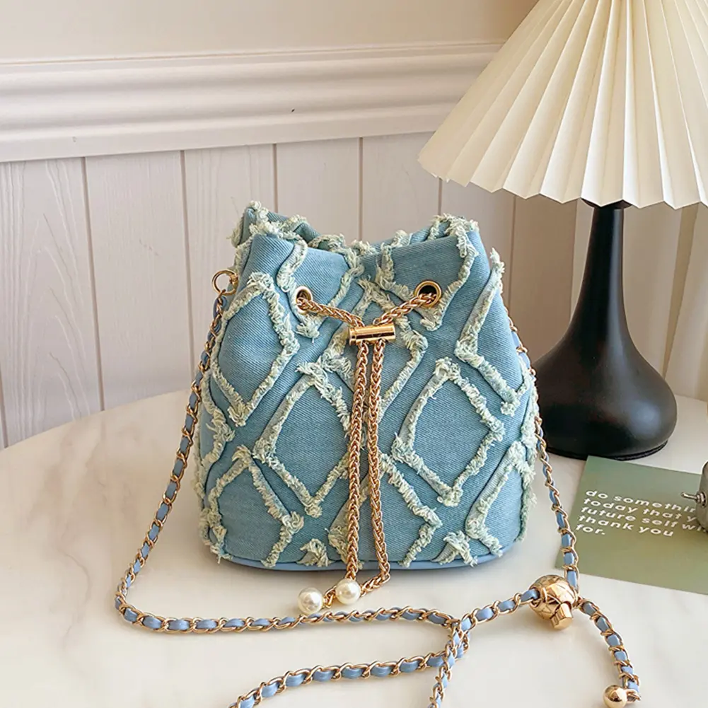 Denim Bucket Bag Diamond Pattern Women Crossbody Bag Drawstring Shoulder Bag Adjustable Strap Travel Bag