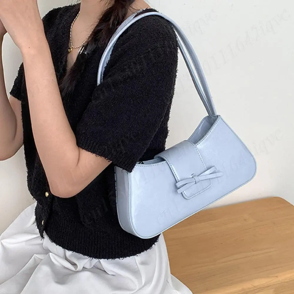 Sweet Bow Shoulder Bag PU Leather Y2K Underarm Pouch Girls Retro Commute Top-Handle Bags Women Fashion Clutch Purse with Zipper