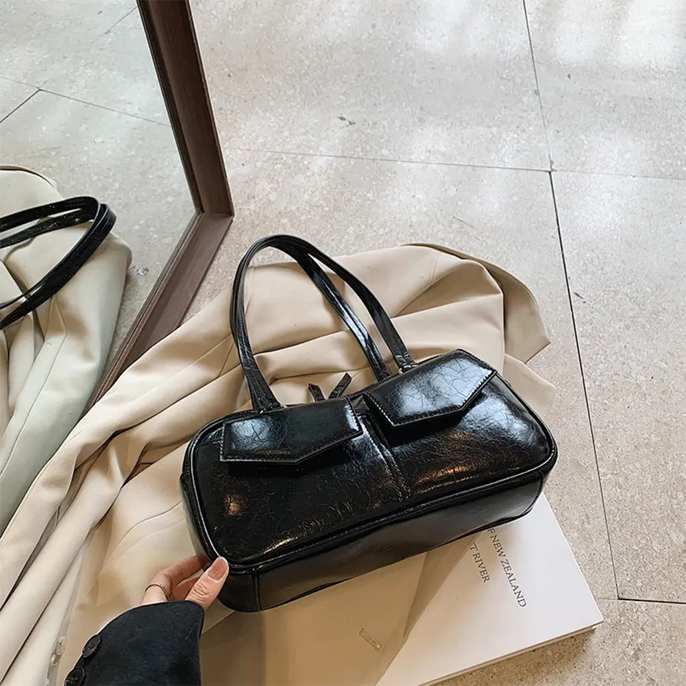 Women Small Shoulder Bags Fashion Trend Underarm Bag PU Leather Shoulder Underarm Bag Multi Pockets Solid Simple Commute Tote