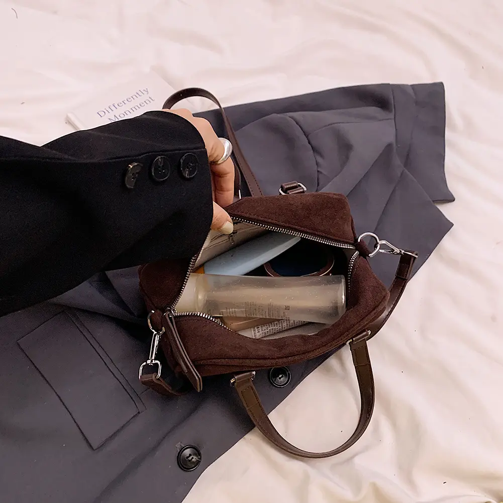Women Suede Shoulder Bag Adjustable Strap Tote Bag with Interior Pocket Top Handle Bag Zipper for Work Travel