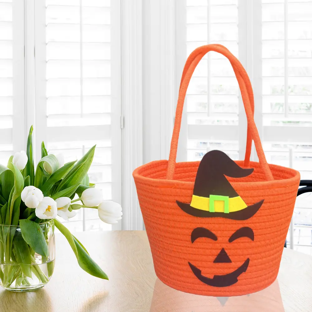 Halloween Pumpkin Bucket Bag with Witch Hat Pumpkin Tote Handbag Candy Storage Bucket for Trick Or Treating