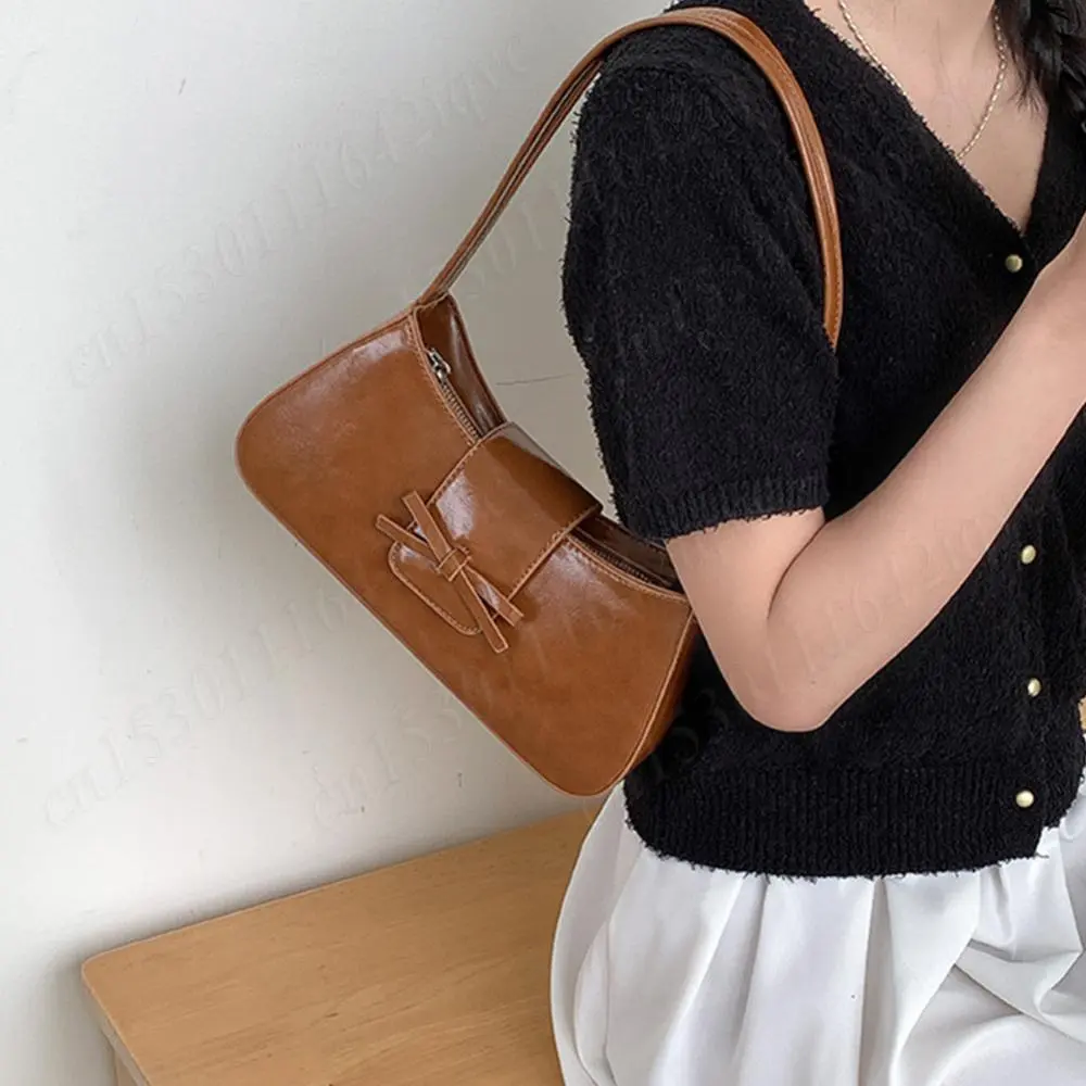 Sweet Bow Shoulder Bag PU Leather Y2K Underarm Pouch Girls Retro Commute Top-Handle Bags Women Fashion Clutch Purse with Zipper