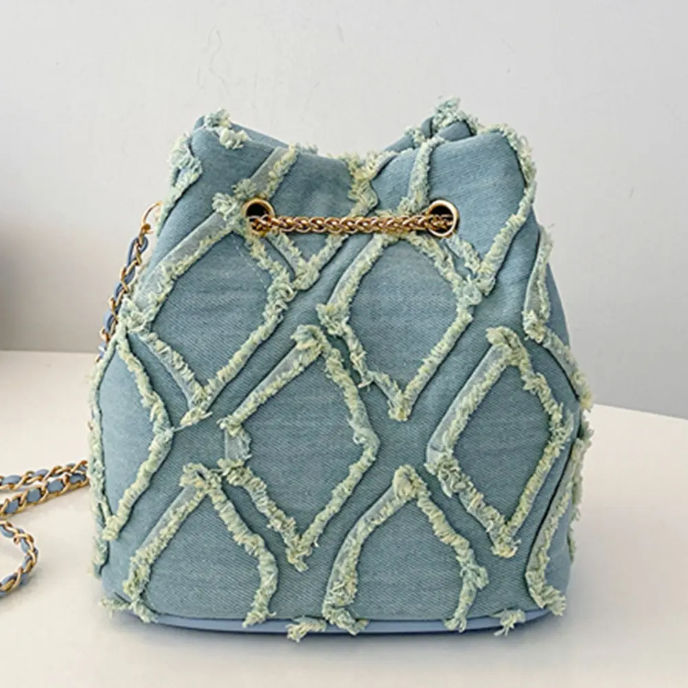 Denim Bucket Bag Diamond Pattern Women Crossbody Bag Drawstring Shoulder Bag Adjustable Strap Travel Bag